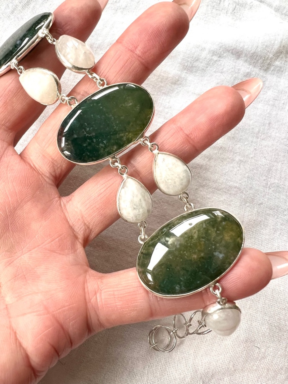 925 Earth Stone MOSS AGATE + Rainbow Moonstone Bracelet 7”-8.5” - Picture 9 of 12